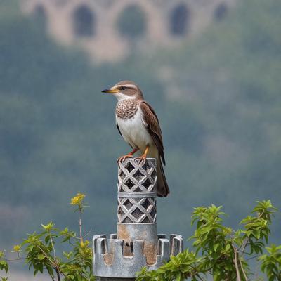 The primary subject of the image is a small bird perched on a structure, possibly a castle or a tower. The bird is sitting on top of the structure, which is surrounded by greenery. The setting appears to be a natural environment, with the bird being the main focus of the scene. The visual style of the image is a photo, capturing the bird in its natural habitat. The colors in the image are predominantly green, with the greenery surrounding the bird, and the bird itself being brown. The overall atmosphere of the image is calm and serene, with the bird peacefully perched on the structure.